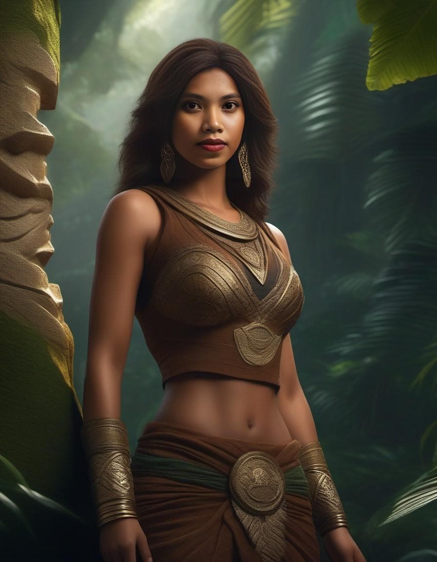 AI generated: In a lush, overgrown jungle, Eira, a fierce, agile warrior-queen, stands atop an ancient stone templ...
