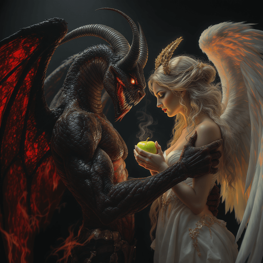 AI generated: (film grain), ultrarealistic 4k, photoart_style, (a snake humanioid demon and an angel hugging),The ...