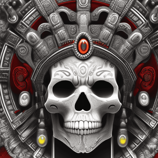 AI generated: A photorealistic digital illustration of an Aztec god with skull face, pointing at viewer and lookin...