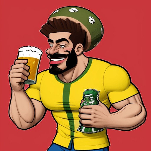 AI generated: a caricature that illustrates a strong soccer Fan, with muscular arms, who hold a beer in his hand, ...