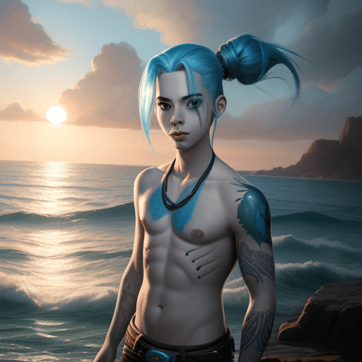 AI generated: Hyper realistic photo of Jinx from league of legends as a boy, ocean, daylight, indirect lighting, r...