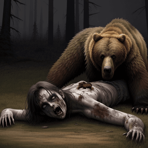 AI generated: a zombie lying on the ground, the zombie is lying on top of a dead grizzly bear, the zombie is eatin...