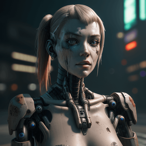 AI generated: A beautiful cyborg lady with dirty and damaged synthetic skin, rusty metal arms, cyberpunk, hyperrea...