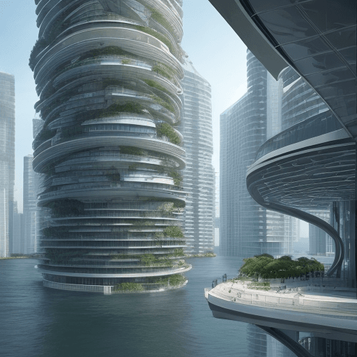 AI generated: architecture, water co-habitation, design, futuristic, rising sea levels, conceptual, level changes,...