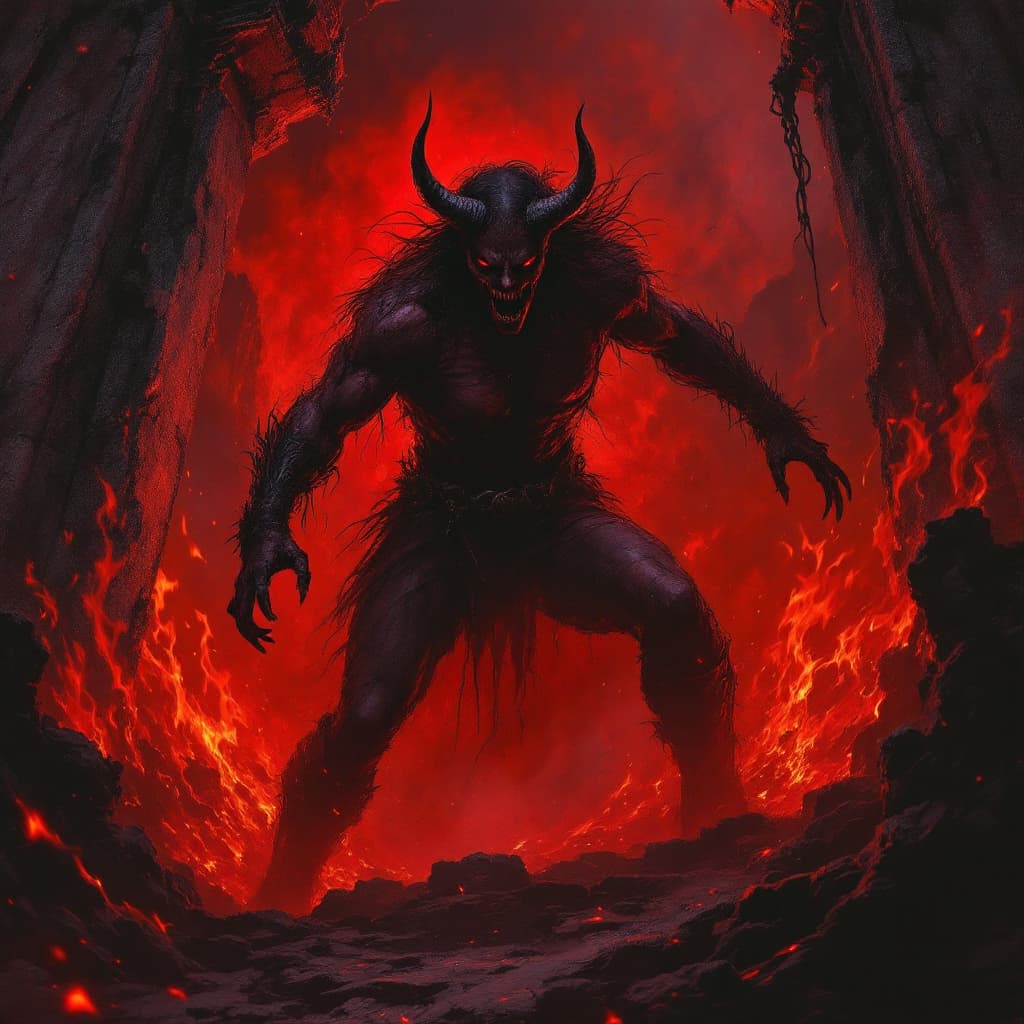 AI generated: woman being dragged through the gates of hell, the devil himself awaits her 