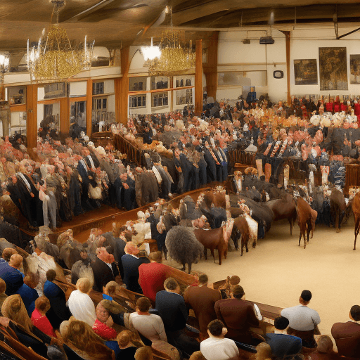 AI generated: High resolution photography of an auction of a horse. It has to be clear that the horse is being sol...