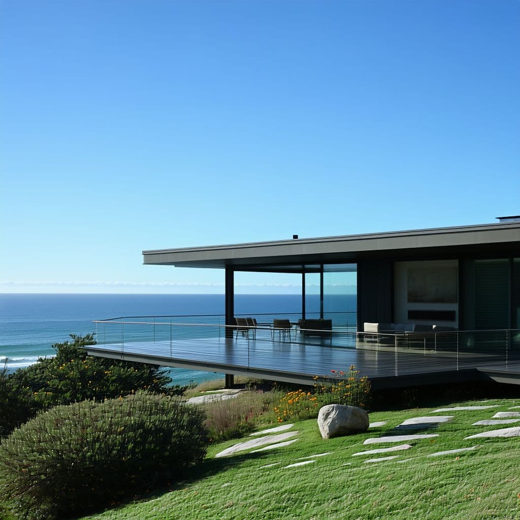 AI generated: Hyper realistic eye level exterior photo of a mid century modern style house overlooking the ocean, ...