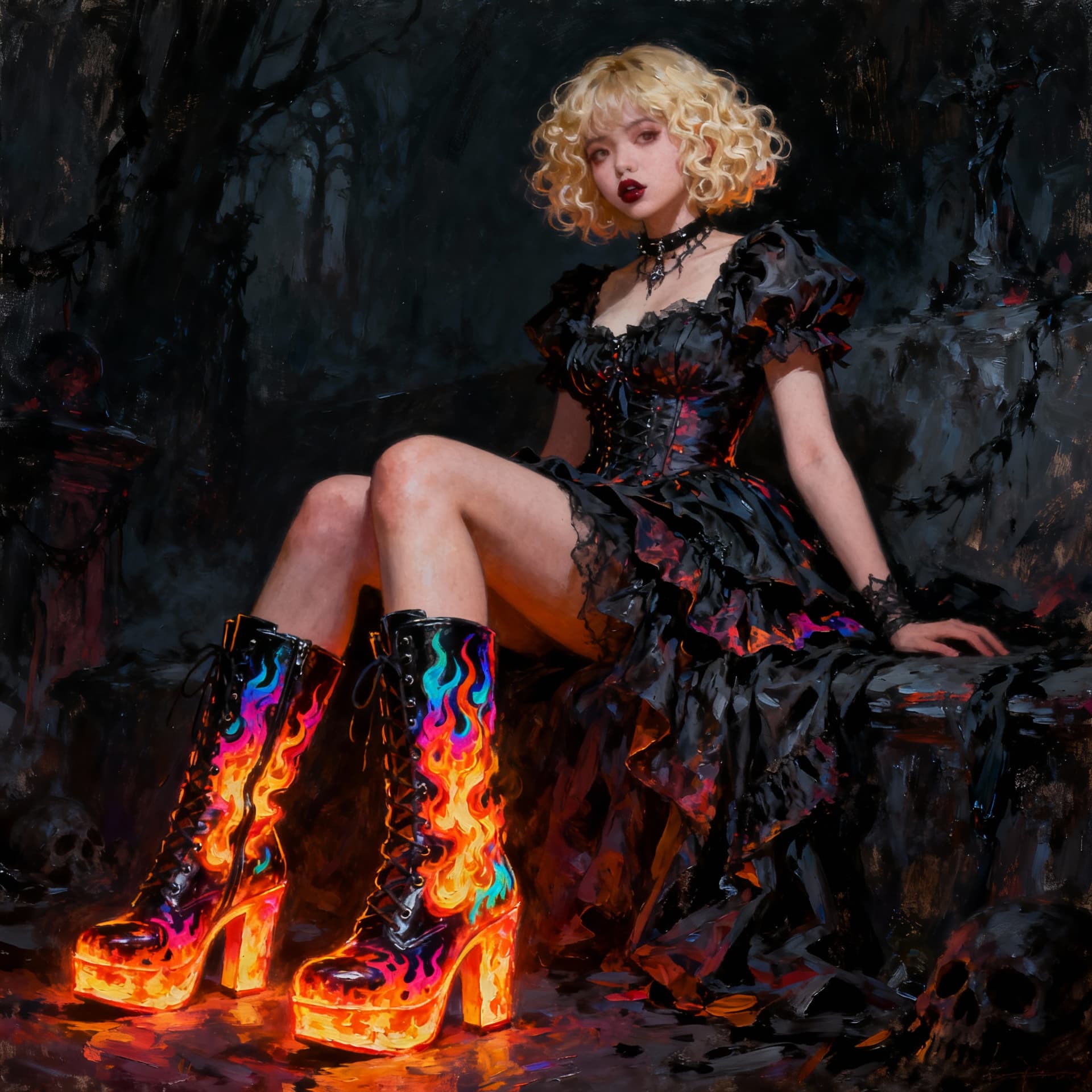 AI generated: AVERAGE,PETITE,BLONDE,CURLY SHORT HAIR,PLUMP LIPS,LONG STRONG LEGS,AVANT GARDE  GOTH DRESS,ULTRA DET...