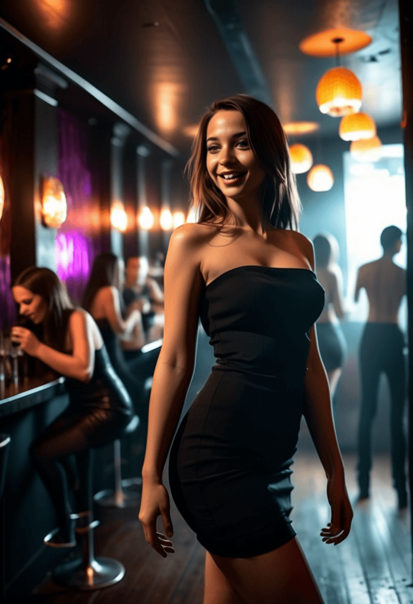 AI generated: photograph of a woman walking through a dark and moody nightclub, from the side, smoky, blurred ligh...