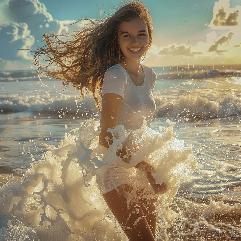 AI generated: HDR photo of woman walks in the surf at a beach, long brunette hair blowing in the wind, laughing at...