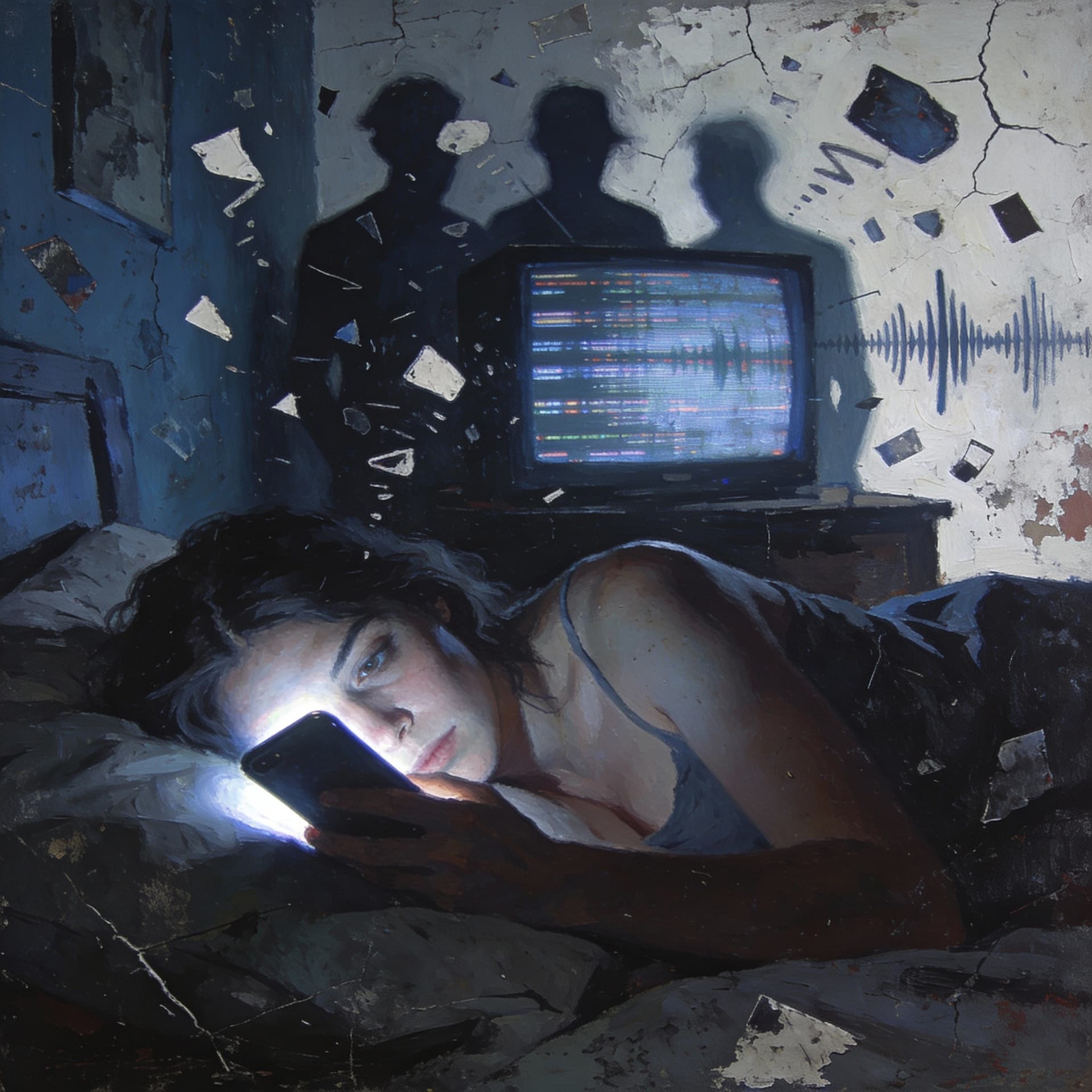AI generated: Surreal concept art of a woman lying awake in the dark, glowing phone light covering her face, telev...