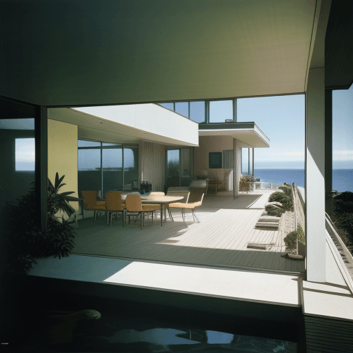 AI generated: Hyper realistic eye level exterior photo of a mid century modern style house overlooking the ocean, ...