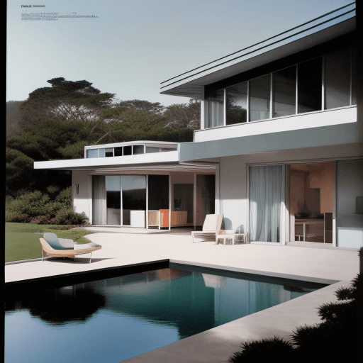 AI generated: Hyper realistic eye level exterior photo of a mid century modern style house overlooking the ocean, ...