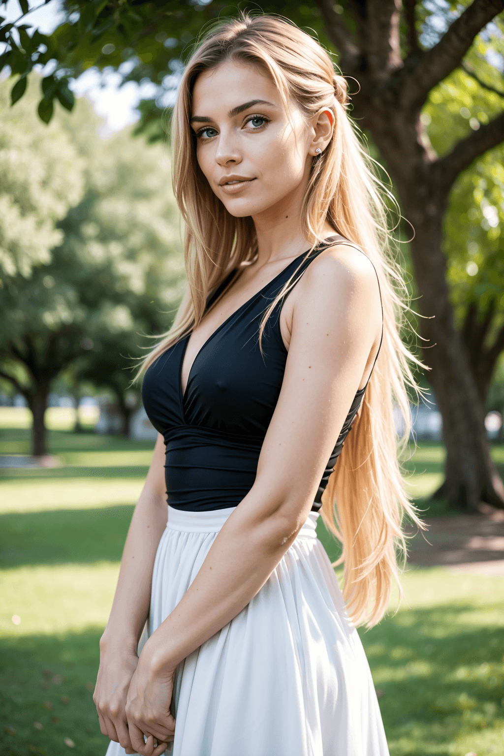 AI generated: cute photo of a very beautiful European Italian Spanish girl, 27 years old, natural green eyes, blon...