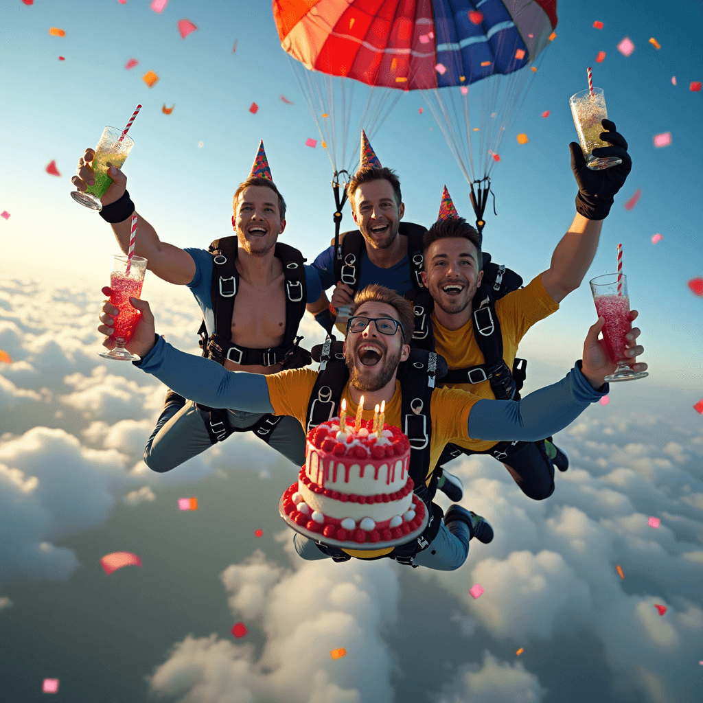AI generated: A lively group of skydivers floats through the air, their colorful parachutes billowing behind them....