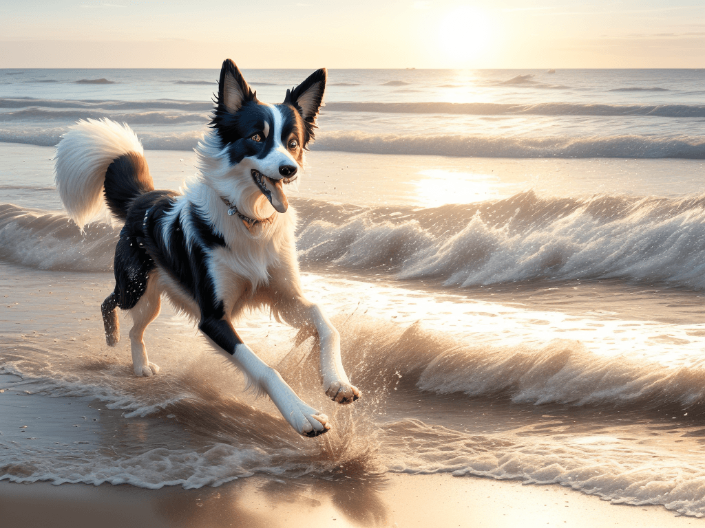 AI generated: Photo of an ultra realistic border collie dog running on the beach, splashing water and sand, happy ...