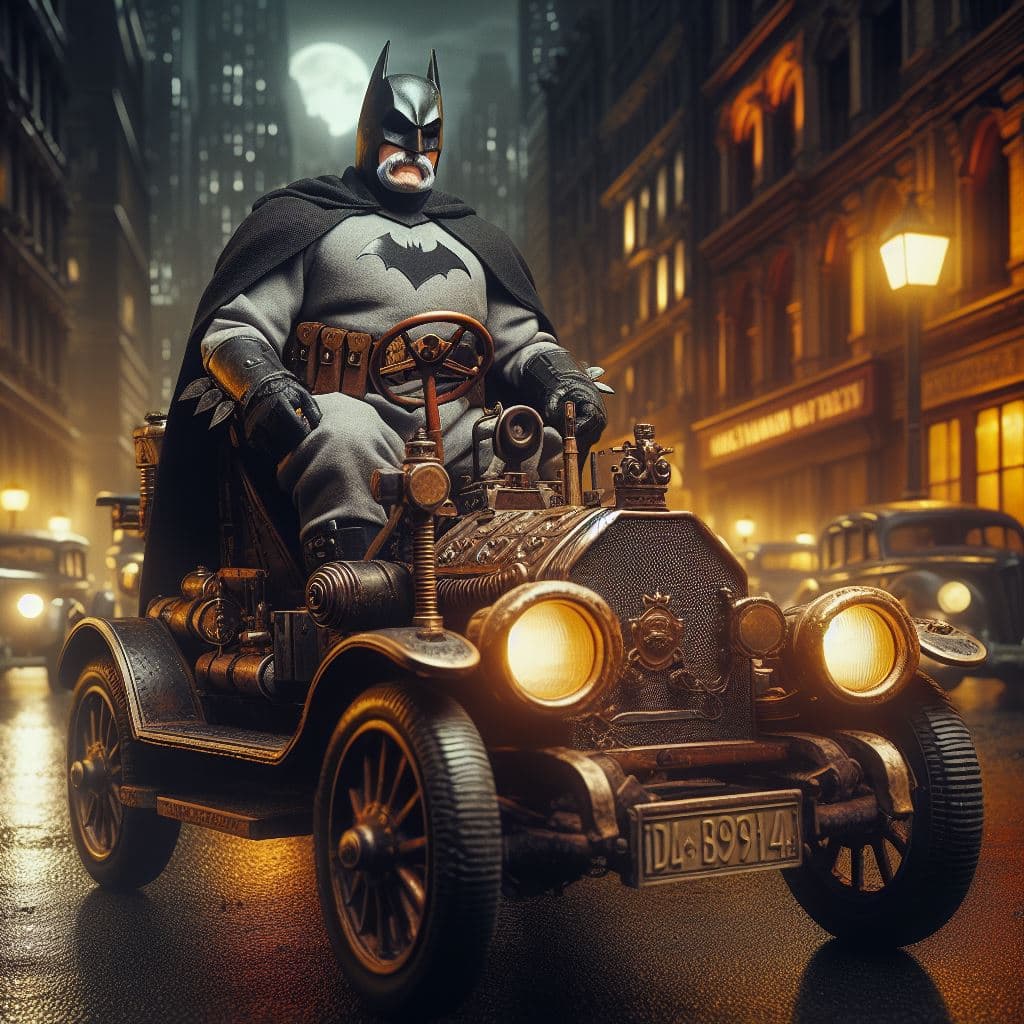 AI generated: Grandpa Batman driving an armored 1914th Batmobile through the dark gaslit streets of 1914 Gotham Ci...
