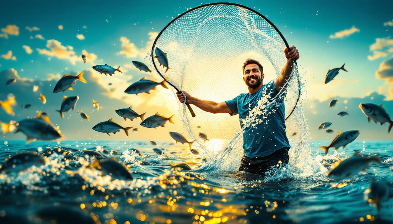 AI generated: A highly detailed, ultra-realistic thumbnail image of a fisherman standing knee-deep in clear water,...