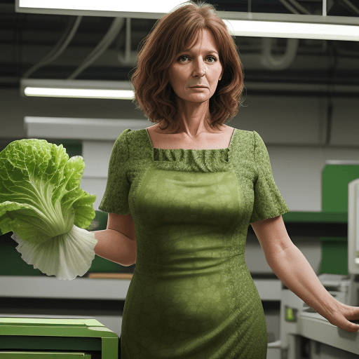 AI generated: realistic photo of a 50yo woman,brown hairs, wearing a green dress looking like a lettuce. She stand...