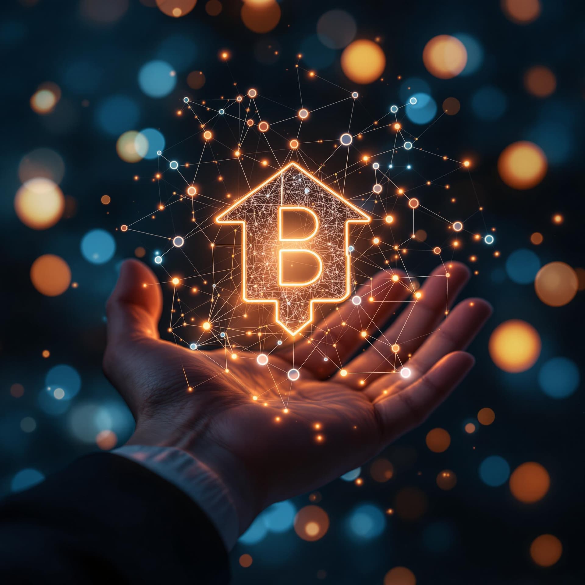AI generated: A hand holding a glowing blockchain network visualization
