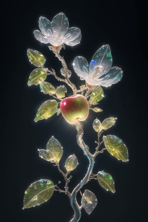 AI generated: a delicate apple made of opal hung on branch in the early morning light, adorned with glistening dew...