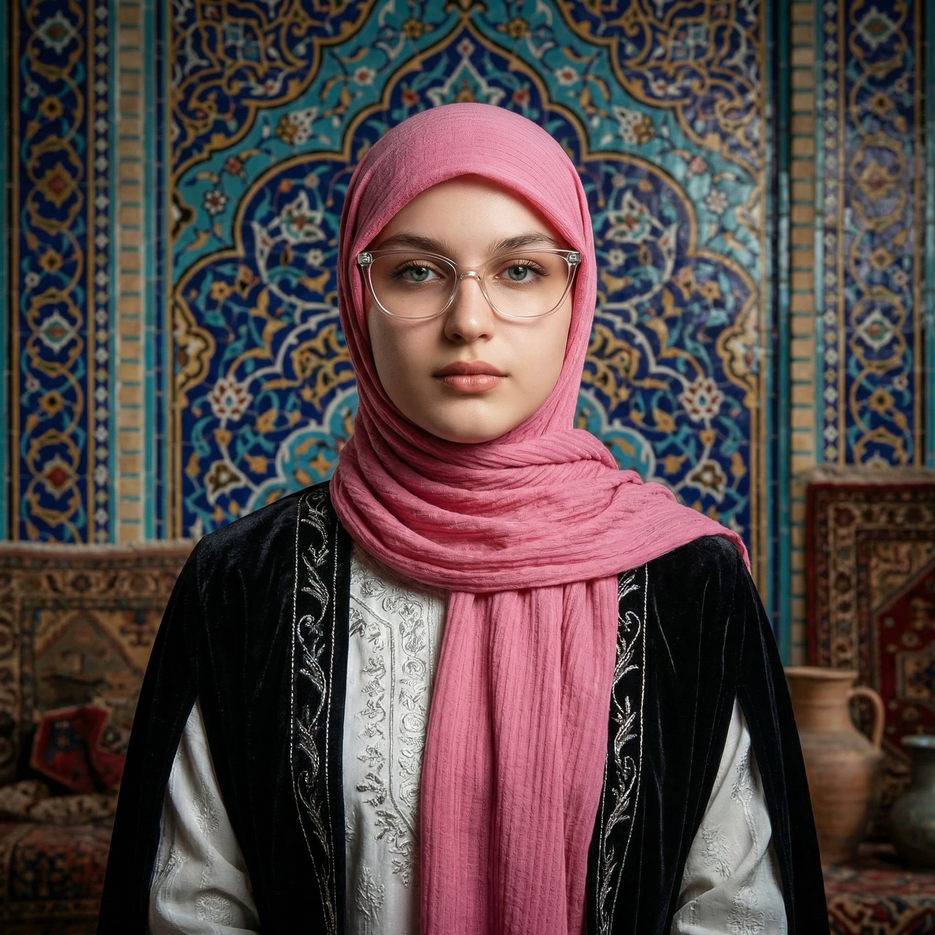 AI generated: a centered Persia fashion model, white, black, intricate background, award-winning photo, hyper-real...