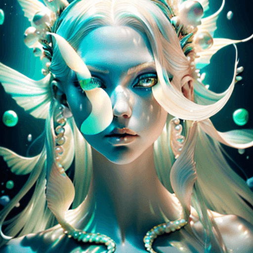 AI generated: Modelshoot Style, Beautiful albino mermaid with silky hair and big reflective green eyes, shimmering...