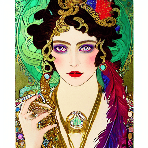 AI generated: high resolution 8k, Erté + Mucha master painter, Byzantine artwork, 
young lady close up face, compl...