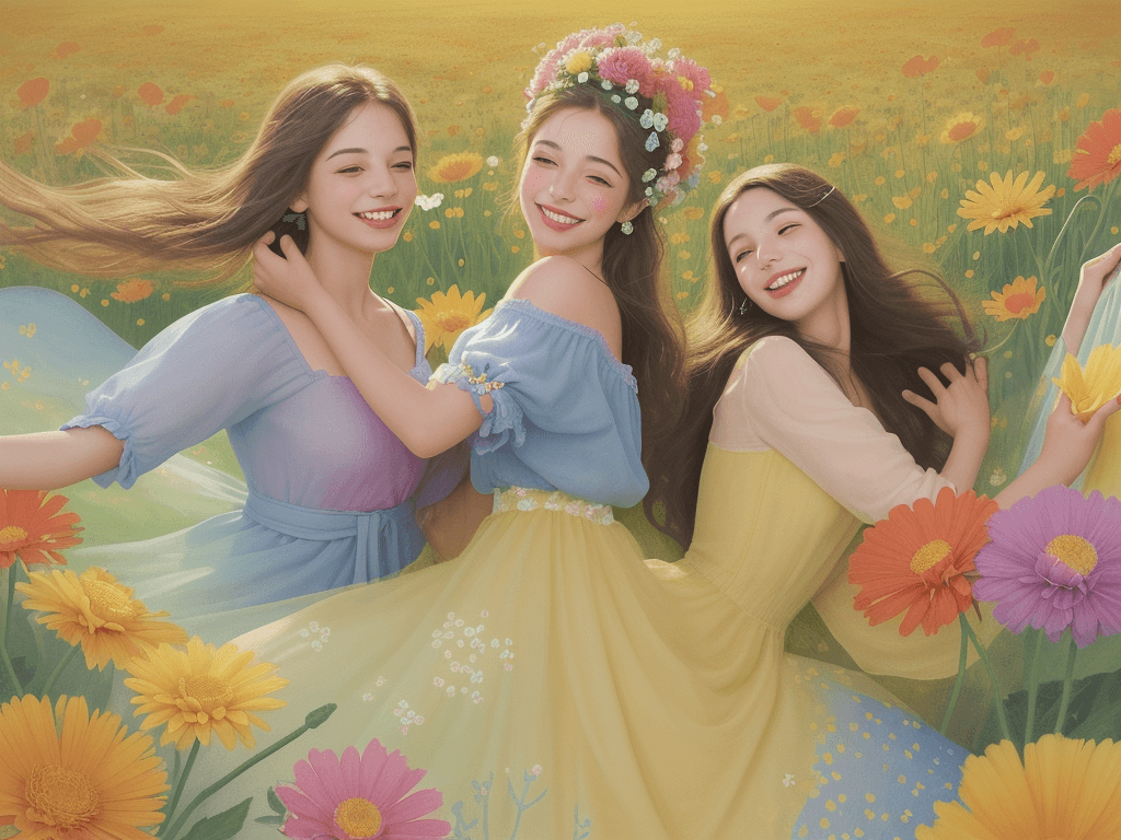 AI generated: Colored Illustration of smiling people in a flower background, by Gabriel Pacheco. Imagine a vibrant...