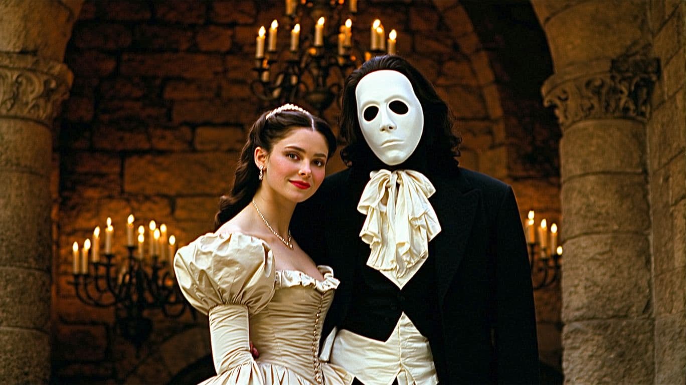 AI generated: Full indoor shot of two actors in character from the musical "The Phantom of the Opera". 

The man, ...