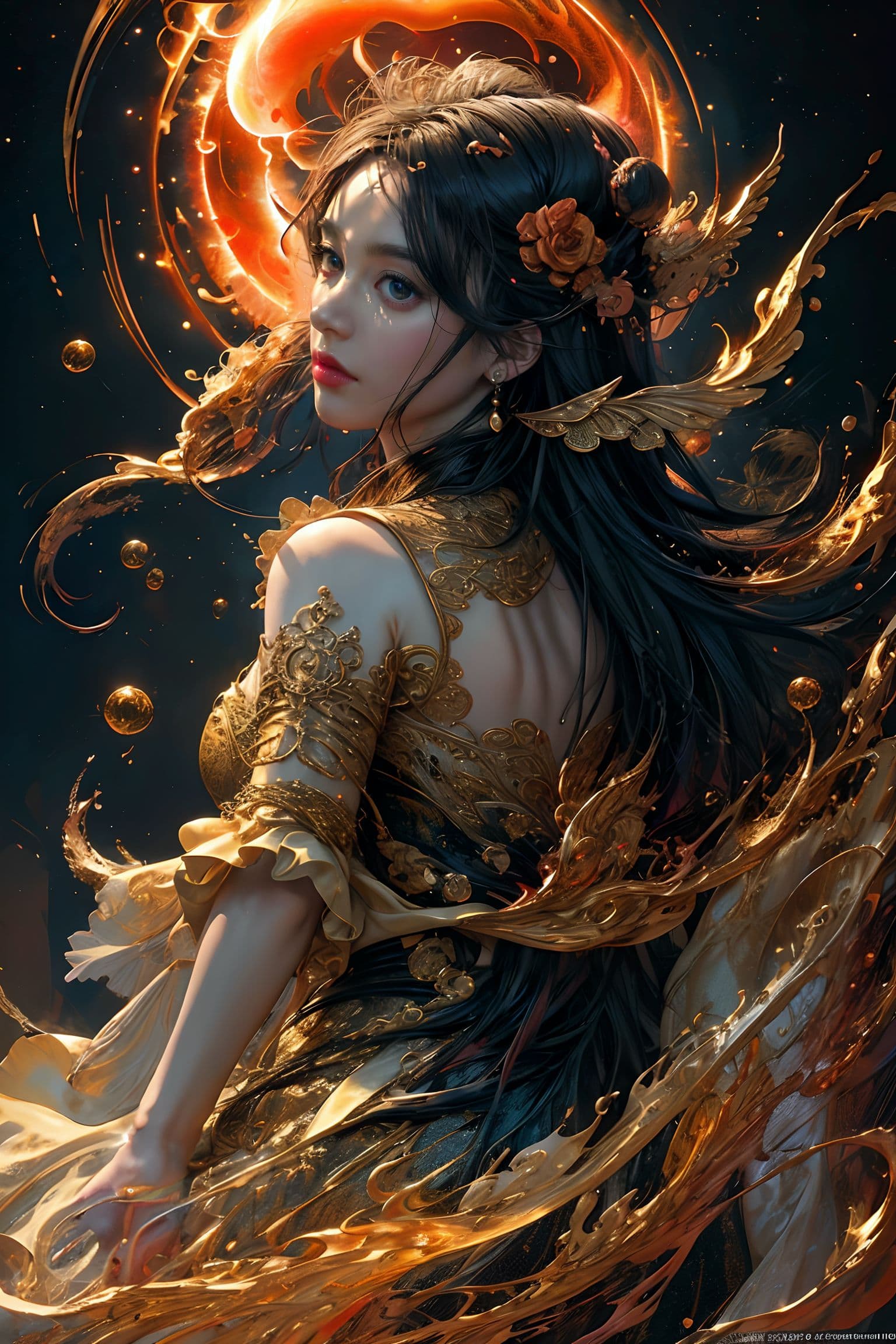 AI generated: [Jupiter, splash art, a close up liquid luminous moon lady made of colors, silver, red, orange, ligh...