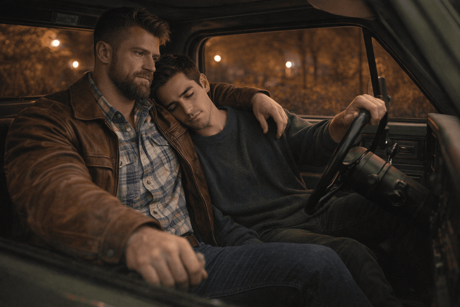 AI generated: In an Autumn night.
The two models are in a nice olive green pick-up truck. 

The bodybuilder has bi...