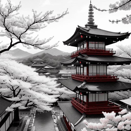AI generated: only outline, black and white, a traditional pagoda surrounded by blooming cherry trees, in the styl...
