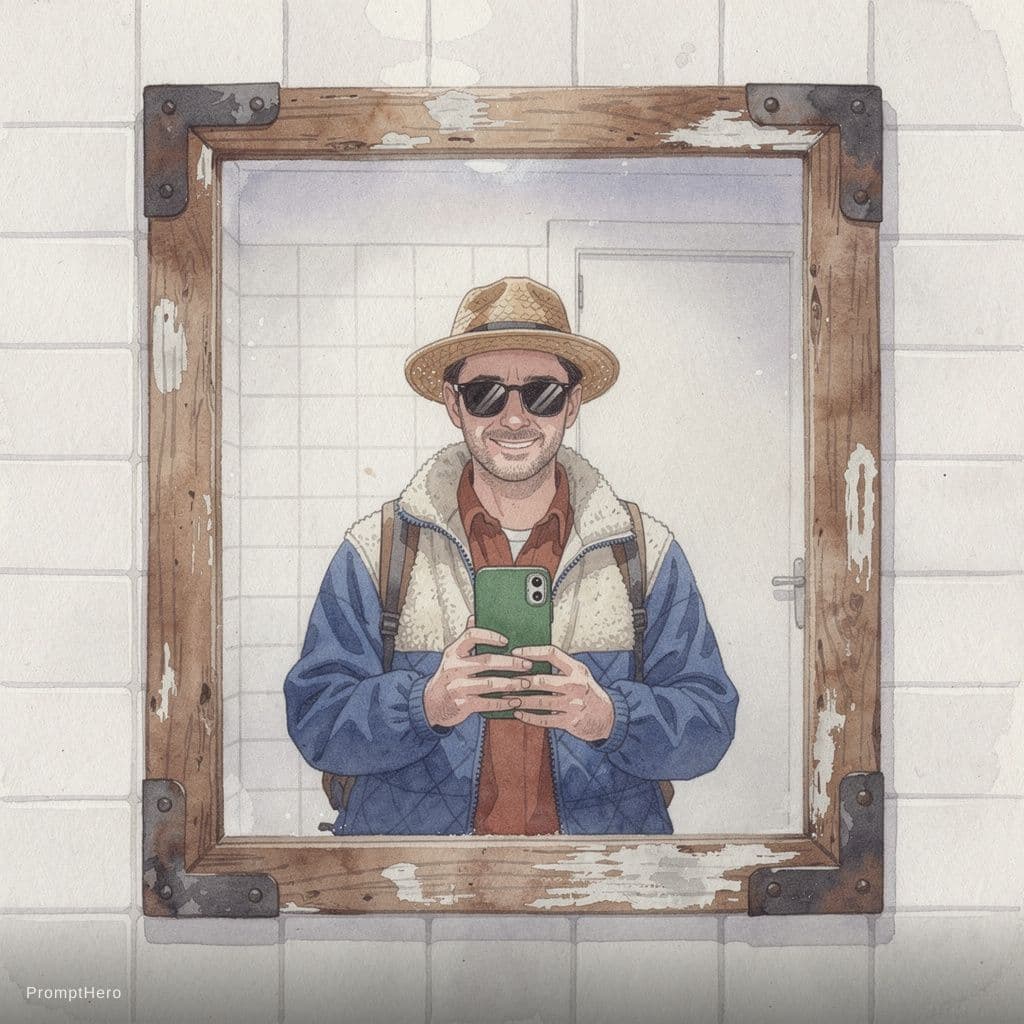 AI generated: aquarell painting of: Image Theme: A traveler captures a selfie in a rustic mirror while exploring I...
