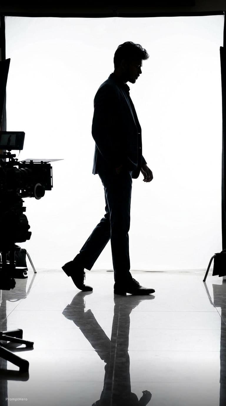 AI generated: Capture a male model's silhouette, white backdrop in photo studio, strong backlit lighting creating ...