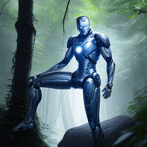 AI generated: Mechanical suit, black Iron man style but slim to normal human body. Covers whole body. Shining blue...