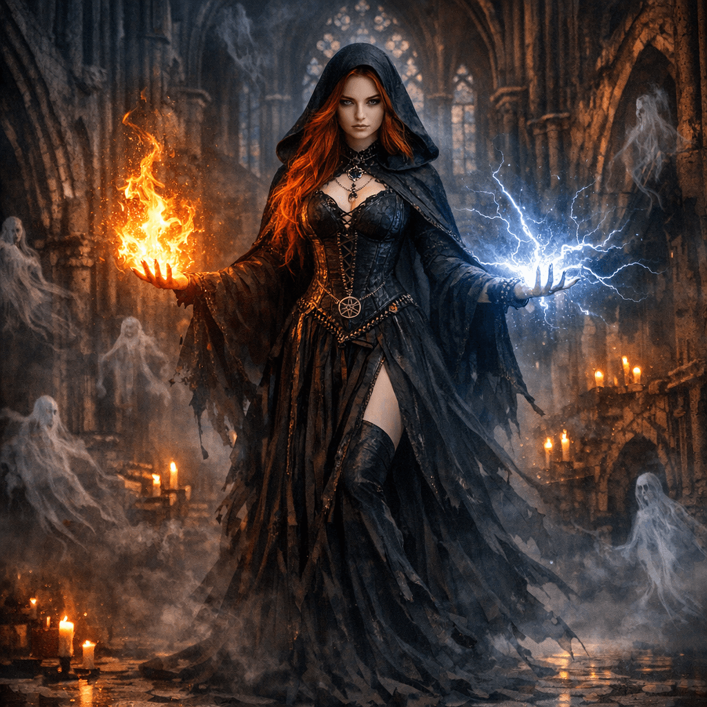 AI generated: dark fantasy, young mystique red headed woman in a gothic cathedrale, serious look, ghost lights, cr...