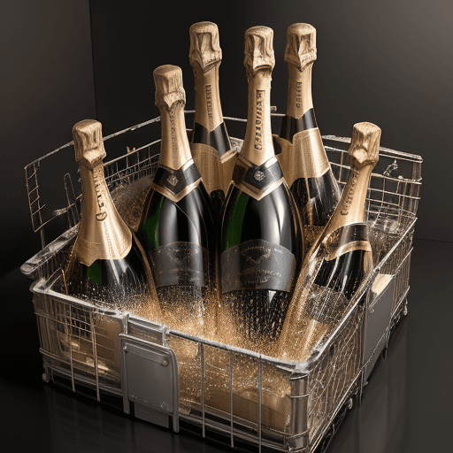 AI generated: A small transport cage with several bottles of champagne inside, which have burst and spilled their ...