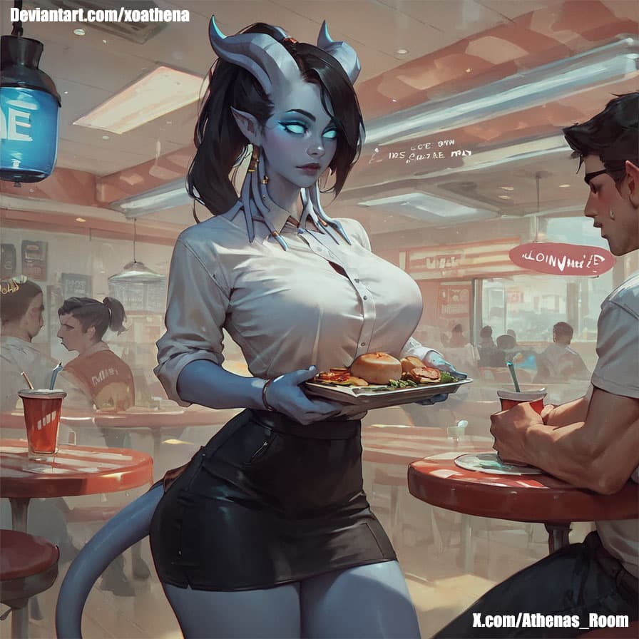 AI generated: 1girl, draenei, ponytail, white skin, black hair, semi-realistic, black skirt, white shirt, big brea...