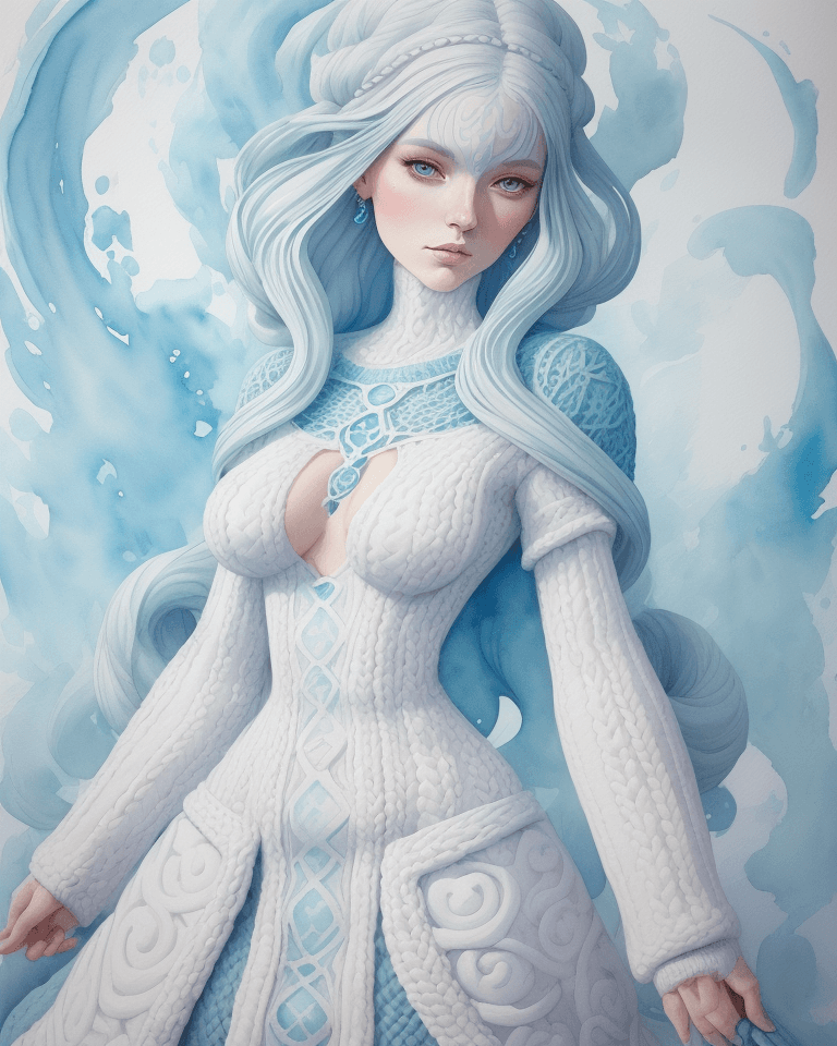 AI generated: Watercolor painting on parchment, a woman wearing large knitted dress, in the style of elemental for...
