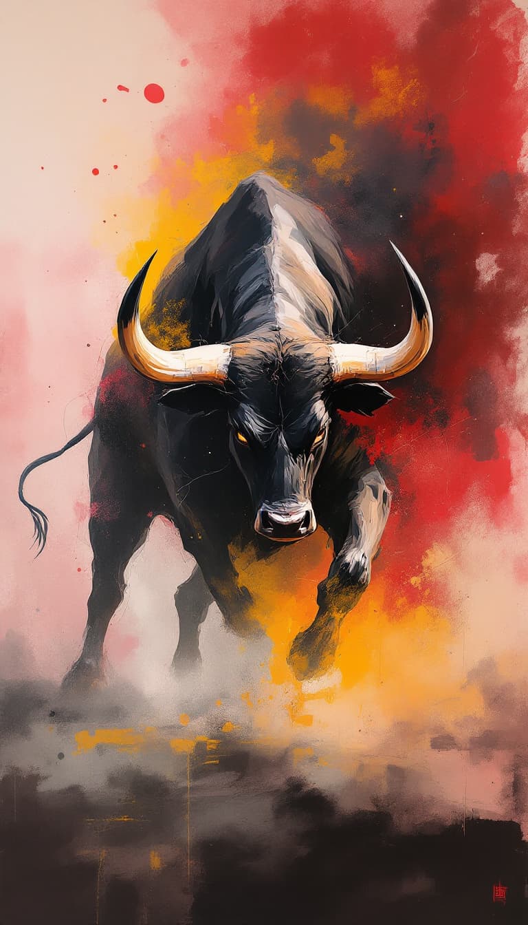 AI generated: Abstract landscape series of a fighting bull with pastel colors, aggressive charcoal drawing style, ...