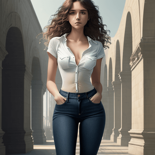 AI generated: A beautiful girl, skimpy white shirt, dark blue jeans, standing, architectural structure background....