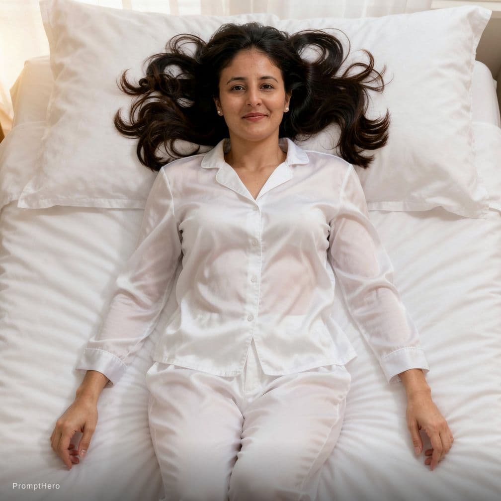 AI generated: Create a high-resolution photograph of a fit adult woman lying on her back in a bed covered with pri...