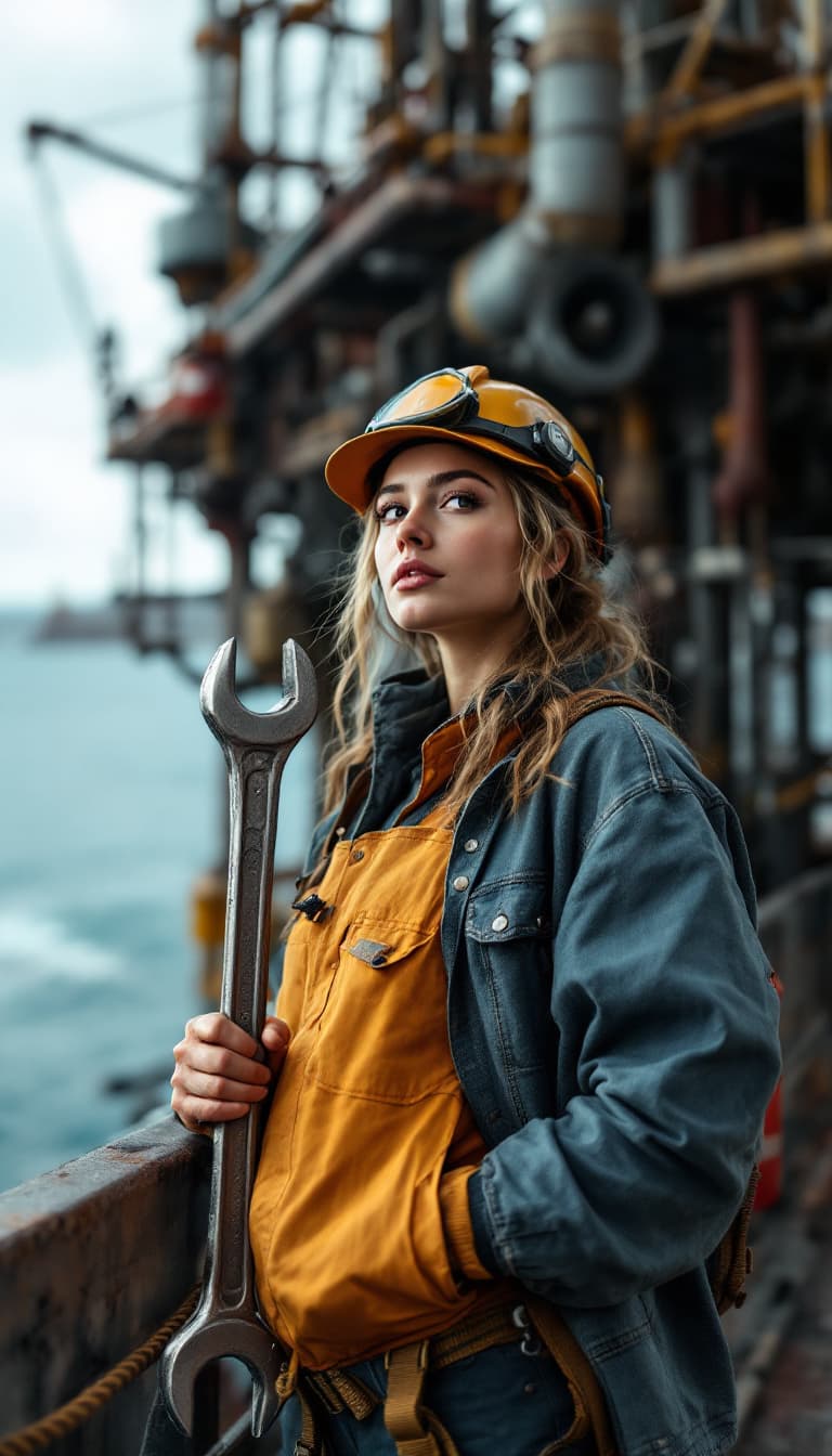 AI generated: woman holding a wrench, standing on an oil rig

