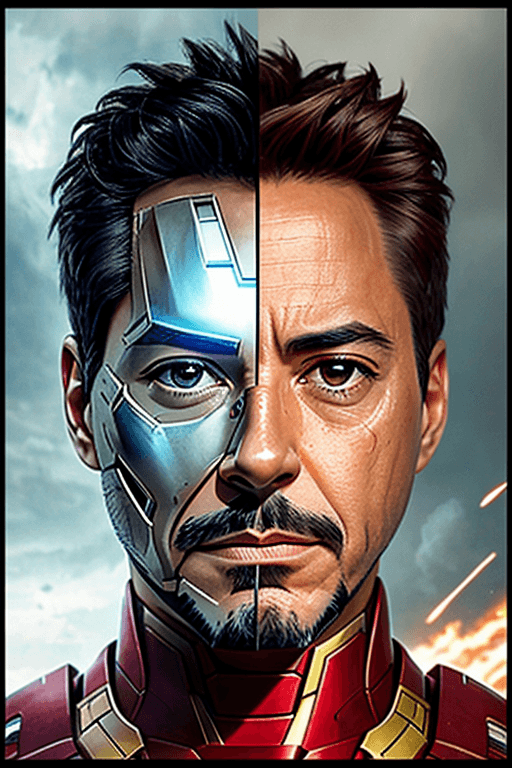 AI generated: Iron Man's mask is removed, revealing Tony Stark's face, which bears the marks of struggles and expe...