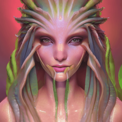 AI generated: Goddess close-up portrait ribcagel. jellyfish phoenix head, nautilus, orchid, skull, betta fish, bio...