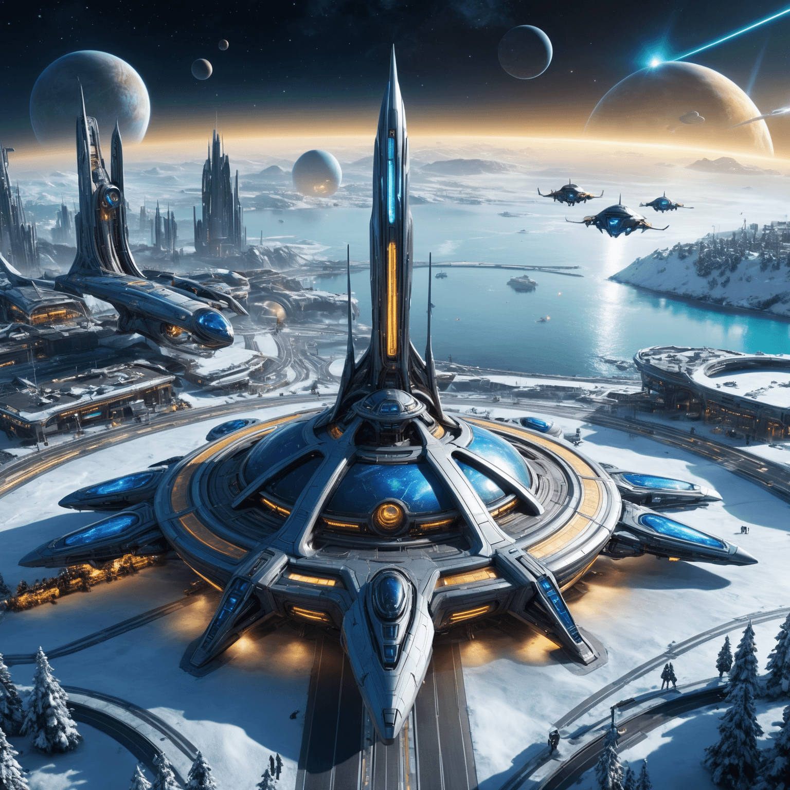 AI generated: Snowy winter, The futuristic city is twinkling with lights in a Christmas atmosphere, a large Christ...