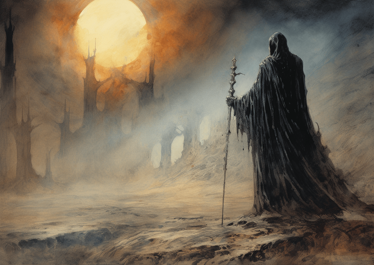 AI generated: Watercolour, an ancient skeleton stands in front of the black hole and wears white robes. The figure...