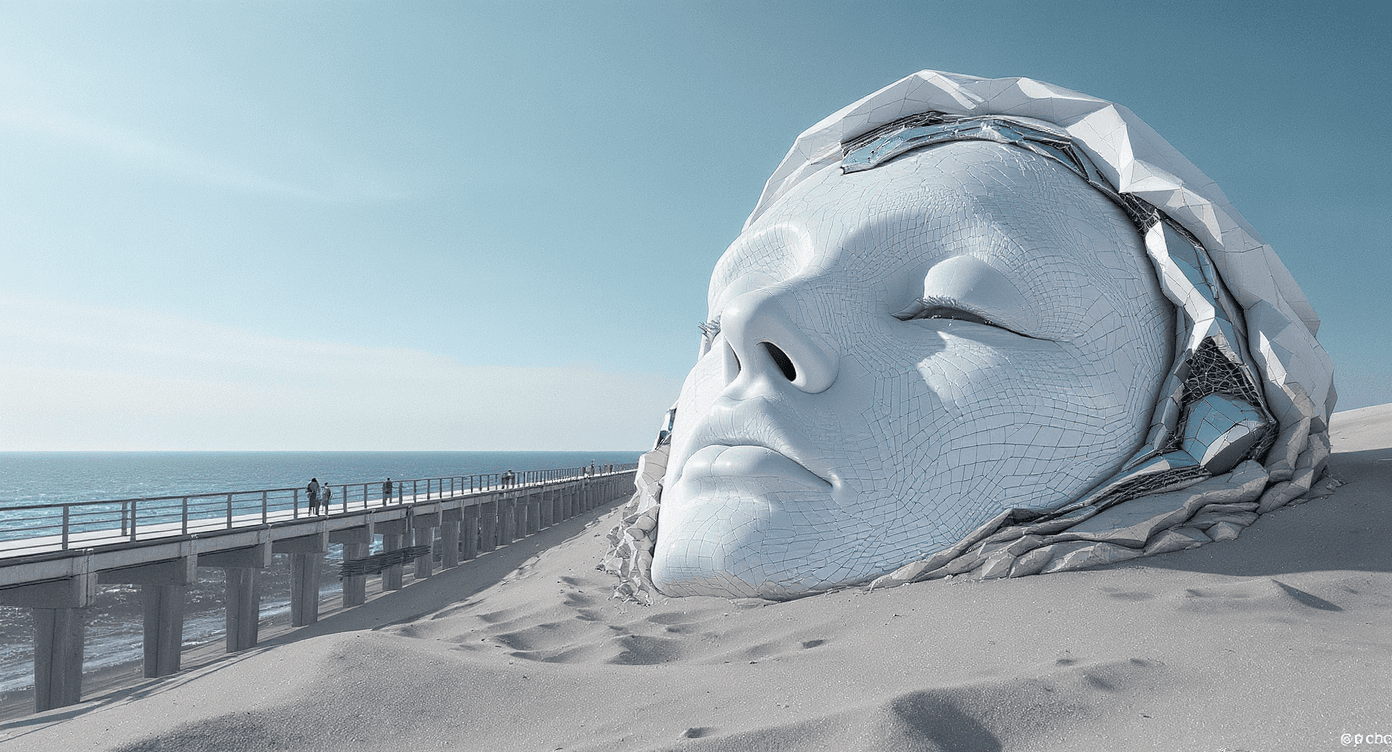 AI generated: In a surreal, futuristic landscape, a giant white androgynous face has hyper-realistic, raised layer...