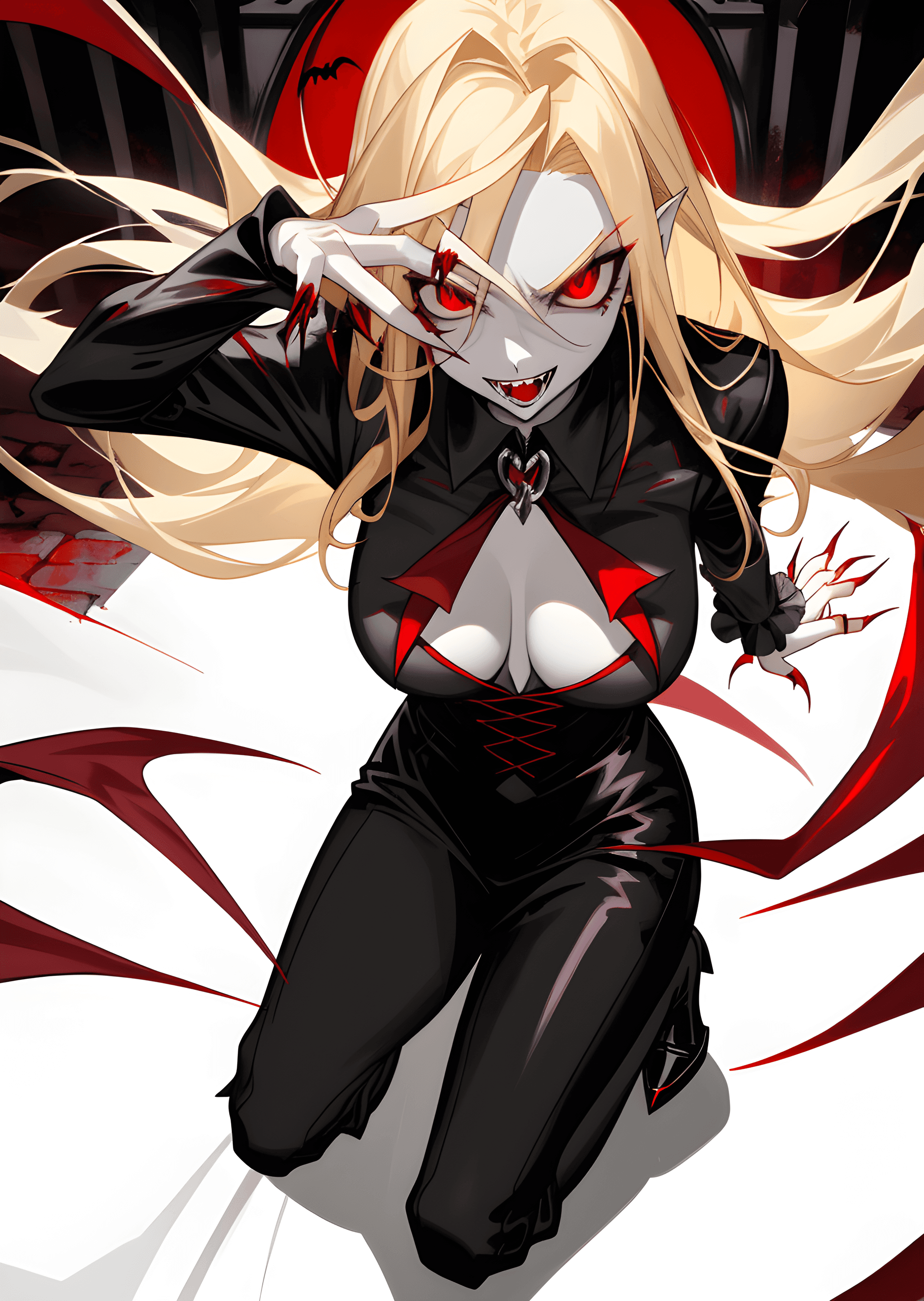 AI generated: A sexy vampire in short black clothes, staring at the viewer, full body, flowing blonde hair, menaci...